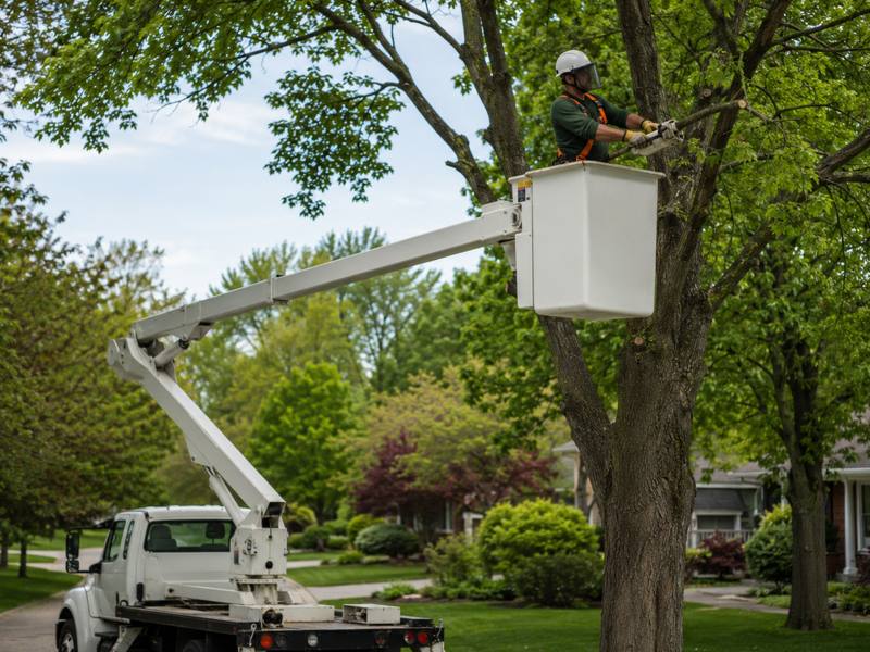 A Haldimand Tree Service crew member working from a bucket truck on a residential street
