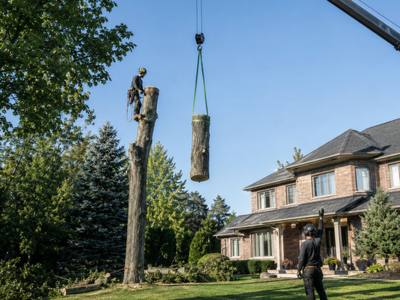 Crane lifting a trunk section clear of a two-storey house