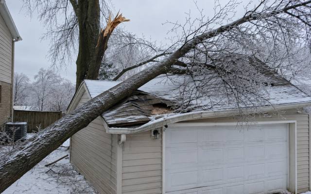 Storm-broken tree resting across a garage roof after freezing rain
