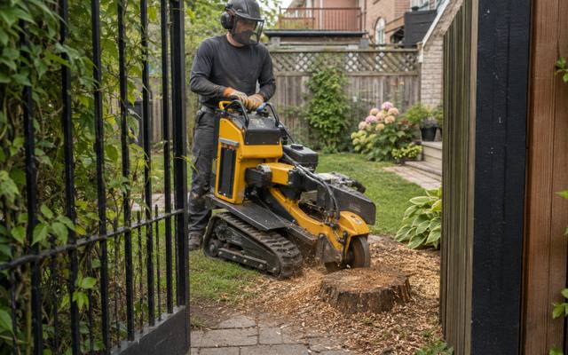 Stump grinder walked through a side gate into a fenced back yard