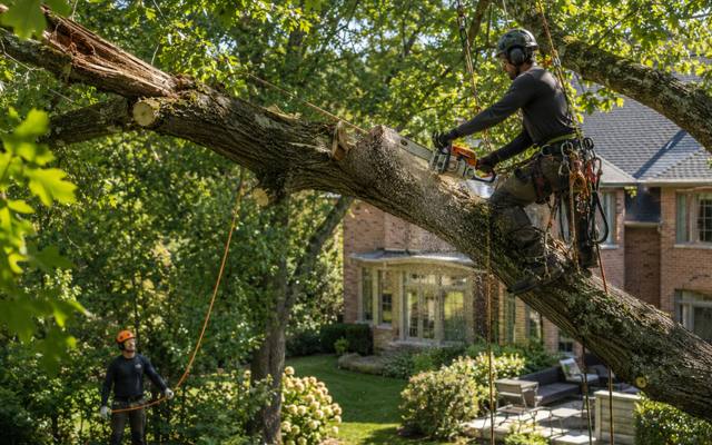 Long heavy limb reaching over a roofline, held on rigging line while it is cut