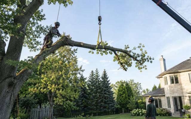 Crane lifting a cut trunk section clear while the climber works the spar